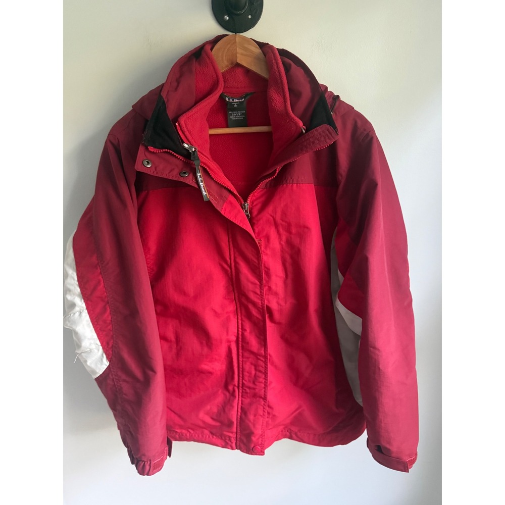 LL Bean Womens Red Colorblock Fleece Lined‎ Hooded Winter Jacket Parka Large